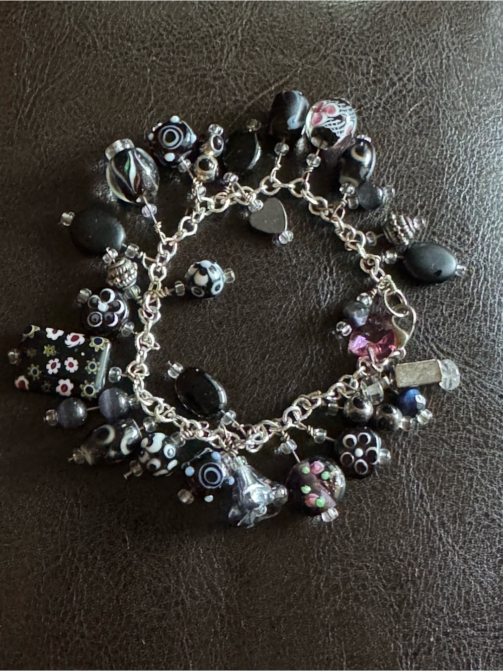 Black Beaded Charm Bracelet with Floral Accent